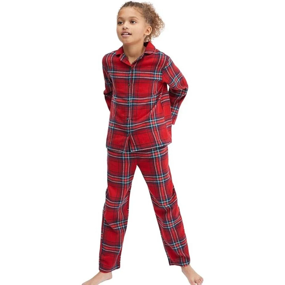 Mango Noel Two Piece Pajama Set Kids 5-6 Red Plaid Cotton Camp Collar TLW648